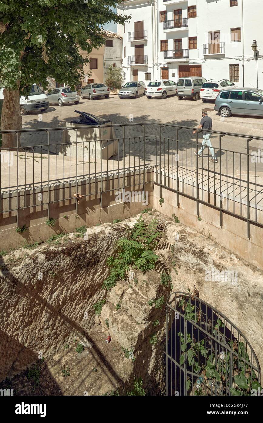 Archäologische Überreste auf der Plaza del Castillo in der Stadt Requena Provinz Valencia, Spanien, Europa Stockfoto