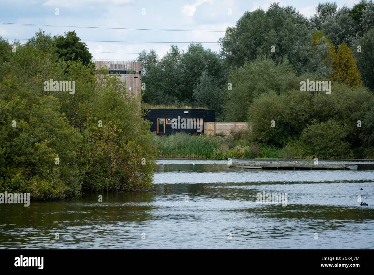 Der Bittern-Informationspunkt und der Vogel verstecken sich am Ufer des Hooksmarsh Sees im Lee Valley Country Park in der Nähe von Cheshunt in Hertfordshire Stockfoto