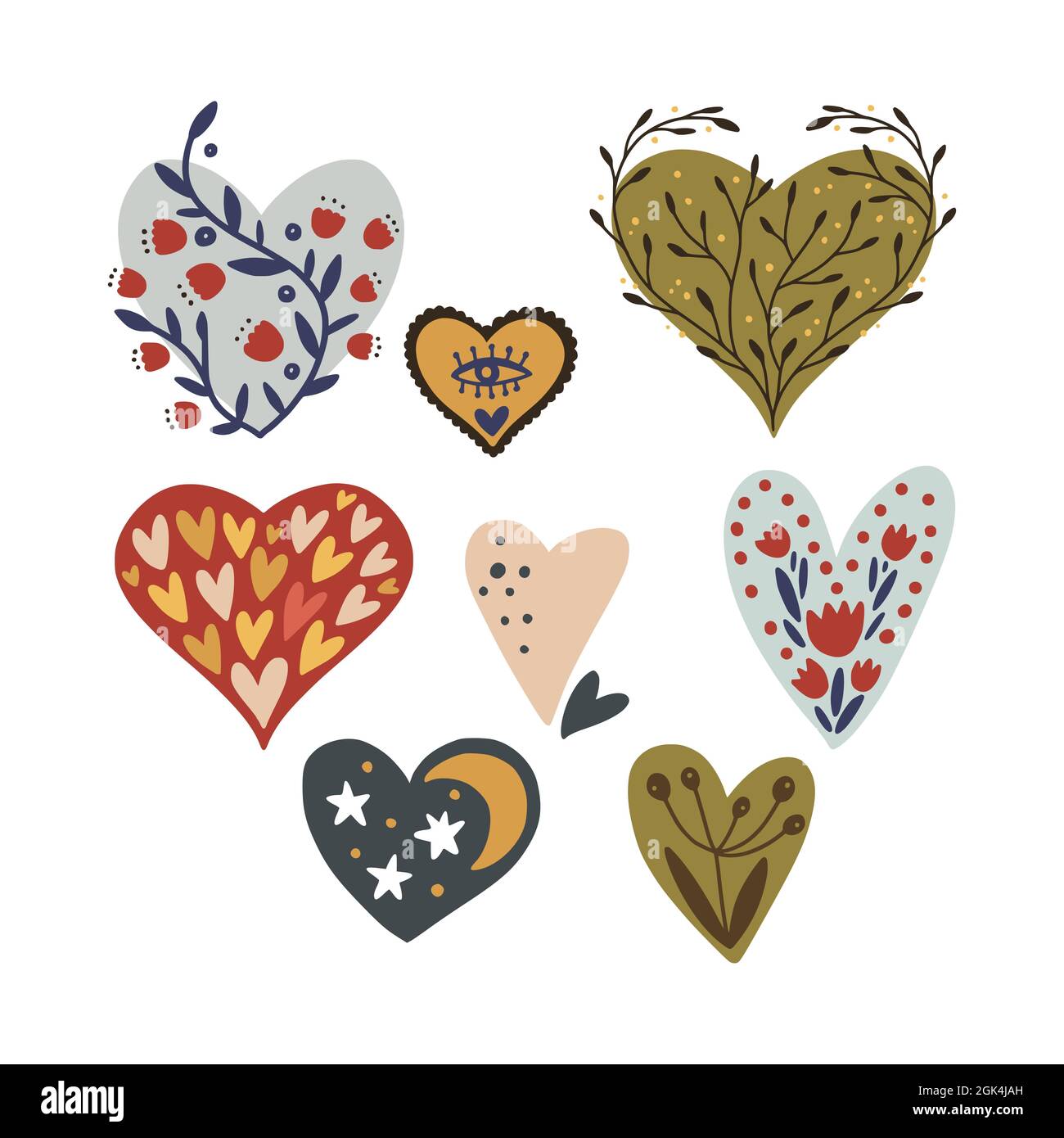 Cartoon Scandinavian Vector Heart Collection. Handgezeichnete Valentine, Tages-Symbol-Set mit Blumenform. Niedliche Kindertradwork. Stock Vektor
