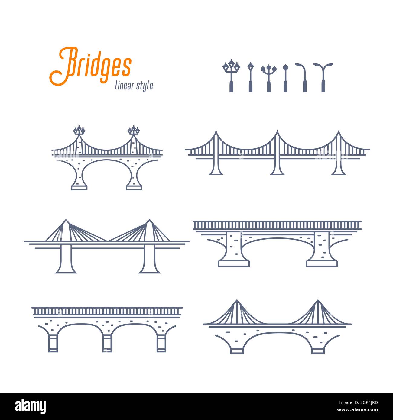 Linienvektor für Brücken und Straßenlampen. Verschiedene Brücken und Straßen Lichter. Vektordarstellung im Umriss-Stil auf weißem Hintergrund. Stock Vektor