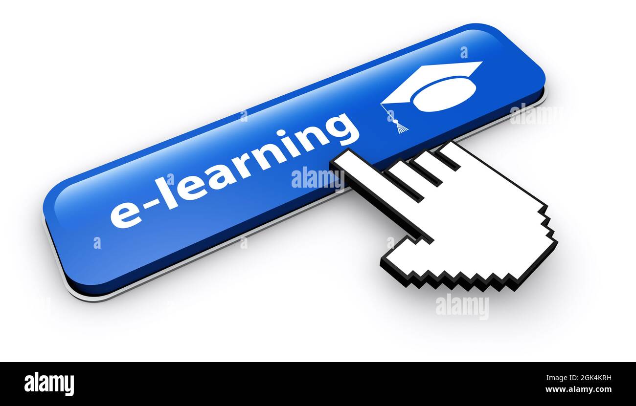 E-Learning und Online-Bildung Web-Button 3D-Illustration Konzept auf weißem Hintergrund. Stockfoto