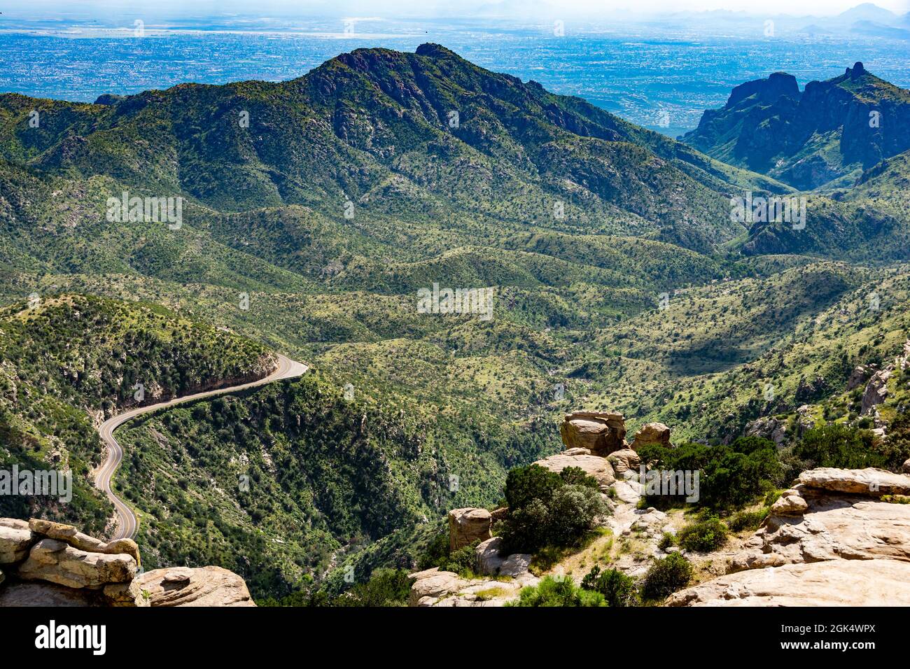 Catalina Highway, der durch die Mount Lemmon Range führt, von der Windy Point Vista aus gesehen. Stockfoto