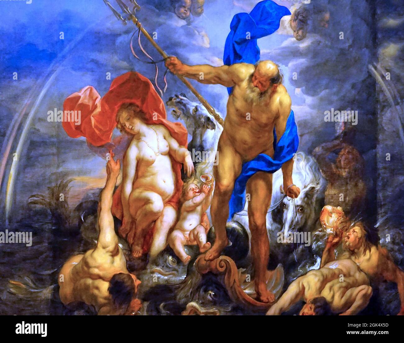 Neptun und Amphitrit im Sturm von Jacob Jordaens (1593-1678) Neptun, der gott des Meeres.seine Frau Amphitrit.im Vordergrund Tritonen;mythologische Figuren halb Fisch, halb Mensch. Stockfoto