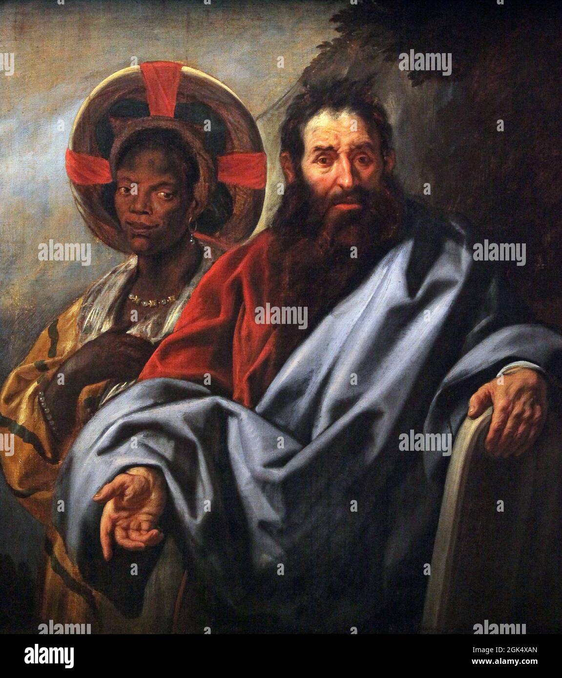 Moses und seine äthiopische Frau Zipporah um 1650 Gemälde von Jacob Jordaens 1593-1678,Flämischer Barockmaler.das Gemälde ist eine Halbzeit-Darstellung des biblischen Propheten Moses und seiner afrikanischen Frau. Stockfoto