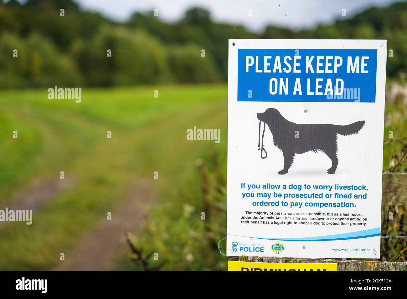 Höfliche Polizeinotiz, Schild an Hundewanderer: „Bitte führe mich an der Leine“ in ländlicher Umgebung in Großbritannien. Stockfoto