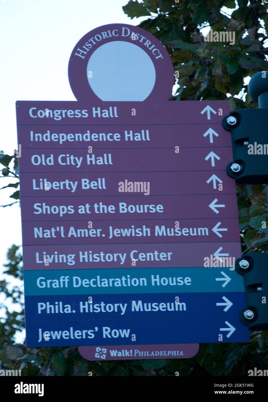 Sign Post für Touristenattraktionen, Philadelphia, Pennsylvania, USA Stockfoto
