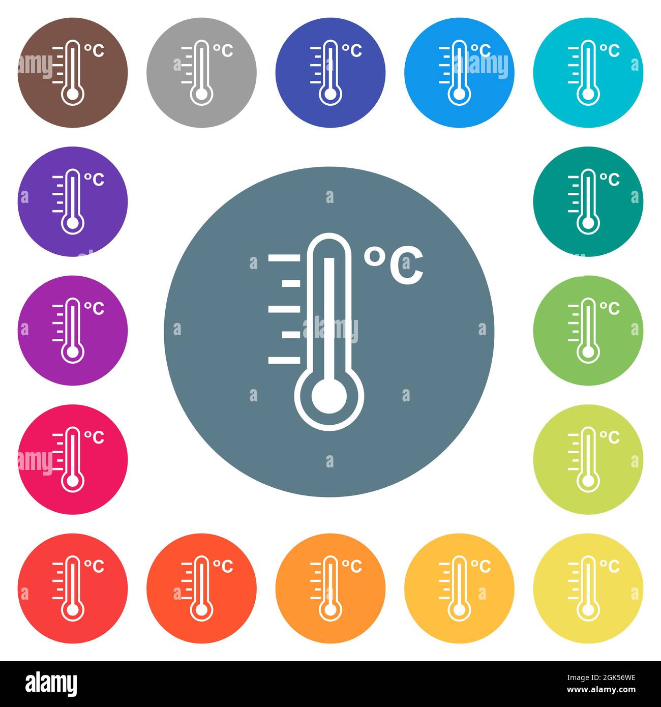 Celsius Thermometer warme Temperatur flache weiße Symbole auf runden farbigen Hintergründen. 17 Farbvarianten im Hintergrund sind enthalten. Stock Vektor