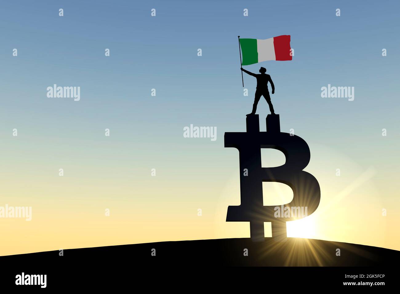 Person, die eine italienische Flagge schwenkt, die auf einem Bitcoin-Kryptowährungssymbol steht. 3D-Rendering Stockfoto