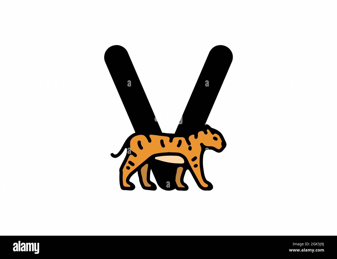 Linienkunst-Illustration des Tigers mit V-Anfangsbuchstaben Stock Vektor