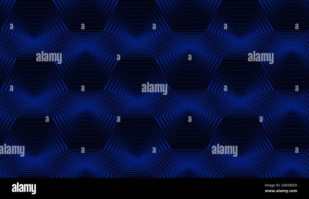 Moderne Komposition mit konzentrischen Sechsecken in blauer Metallic-Farbe. Nahtlos wiederholtes Muster. Stockfoto