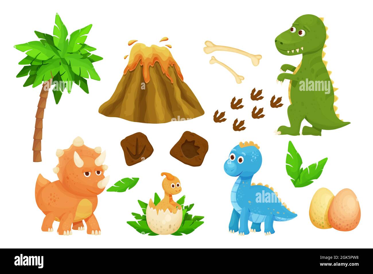Setzen Sie niedliche Baby-Dinosaurier mit Dino-Ei, Fußabdruck, jurassic Blätter, Vulkan und Knochen in Cartoon-Stil kindliche Dekoration isoliert auf weißem Hintergrund Stock Vektor Setzen Sie niedliche Baby-Dinosaurier mit Dino-Ei, Fußabdruck, jurassic Blätter, Vulkan und Knochen in Cartoon-Stil kindliche Dekoration isoliert auf weißem Hintergrund Stock Vektor