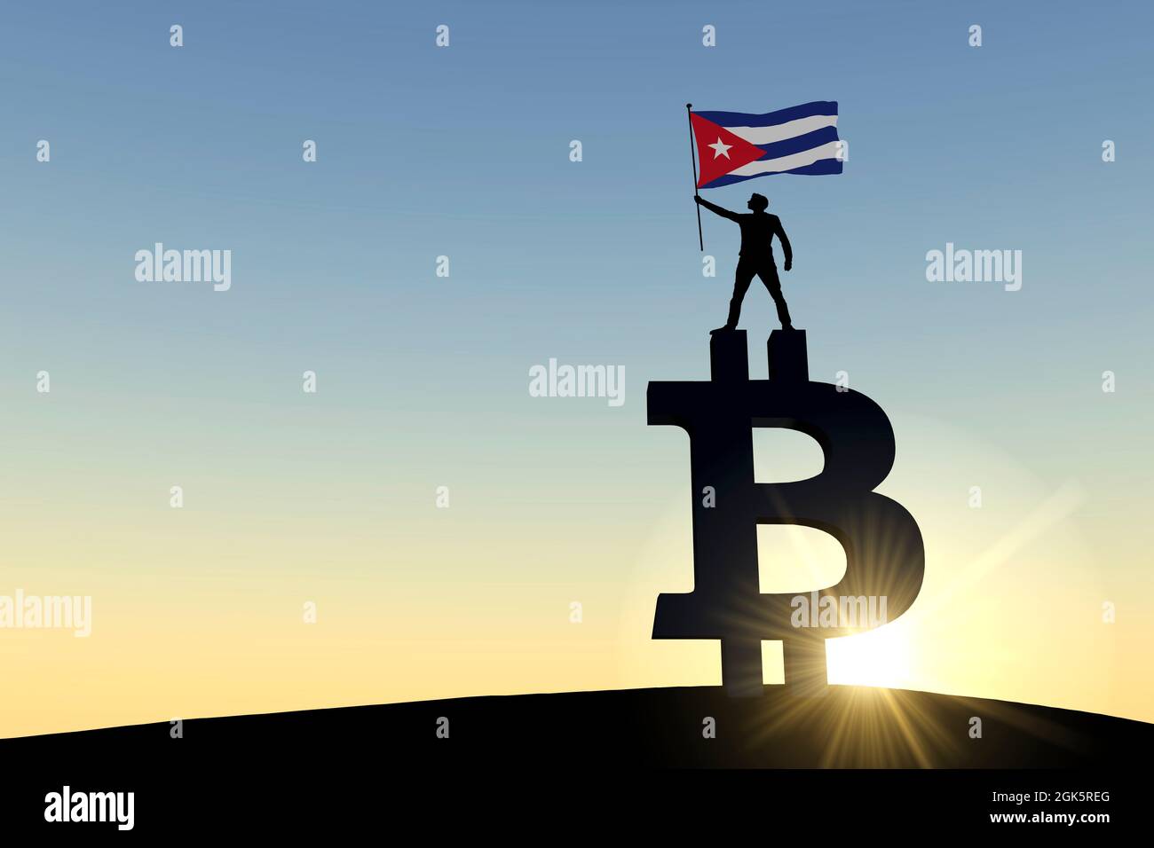 Person, die eine kubanische Flagge schwenkt, die auf einem Bitcoin-Kryptowährungssymbol steht. 3D-Rendering Stockfoto