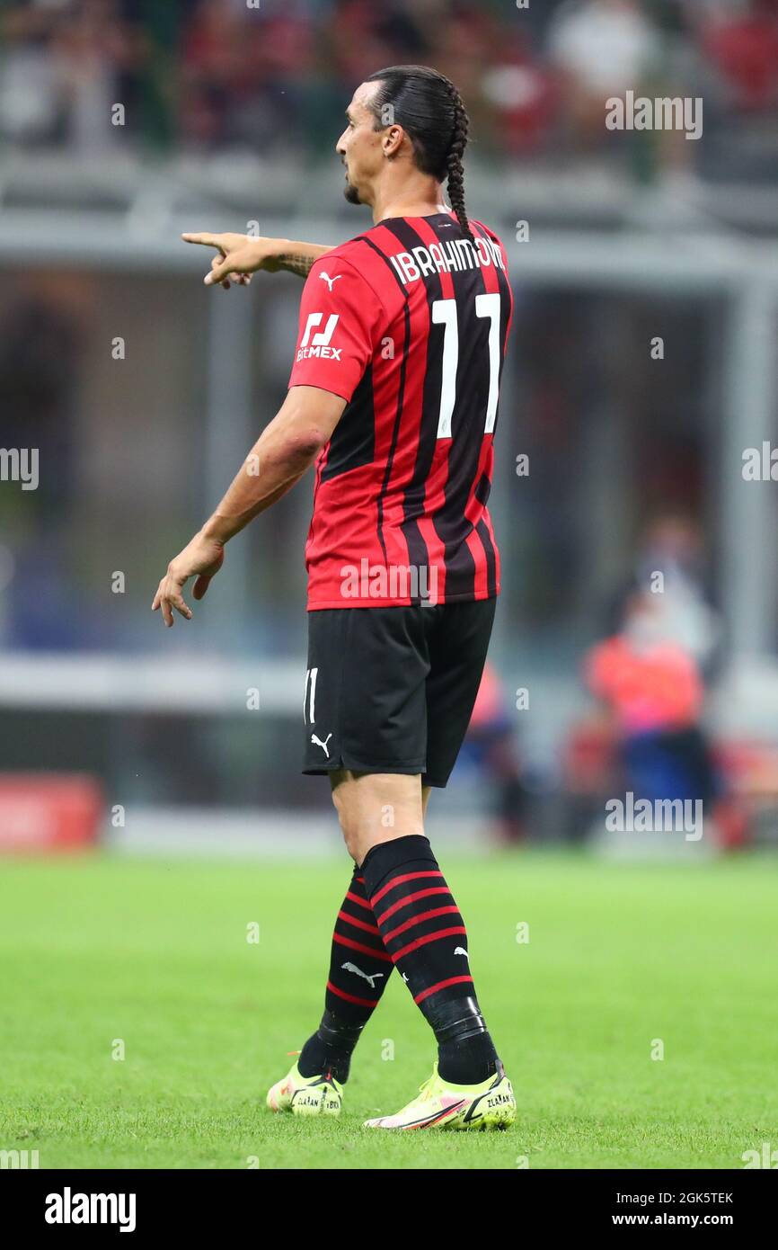 Mailand, Italien. 12. September 2021. Zlatan Ibrahimovic vom AC Mailand zeigt während der Serie Ein Spiel zwischen dem AC Mailand und der SS Lazio. Stockfoto