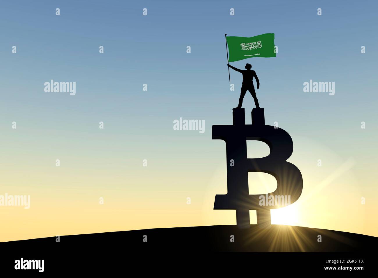 Person, die eine saudi-arabische Flagge schwenkt und auf einem Bitcoin-Kryptowährungssymbol steht. 3D-Rendering Stockfoto