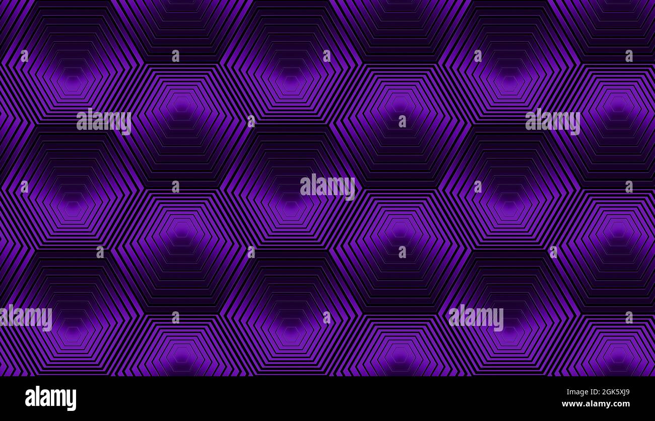 Moderne Komposition mit konzentrischen Sechsecken in violett-metallischer Farbe. Nahtlos wiederholtes Muster. Stockfoto