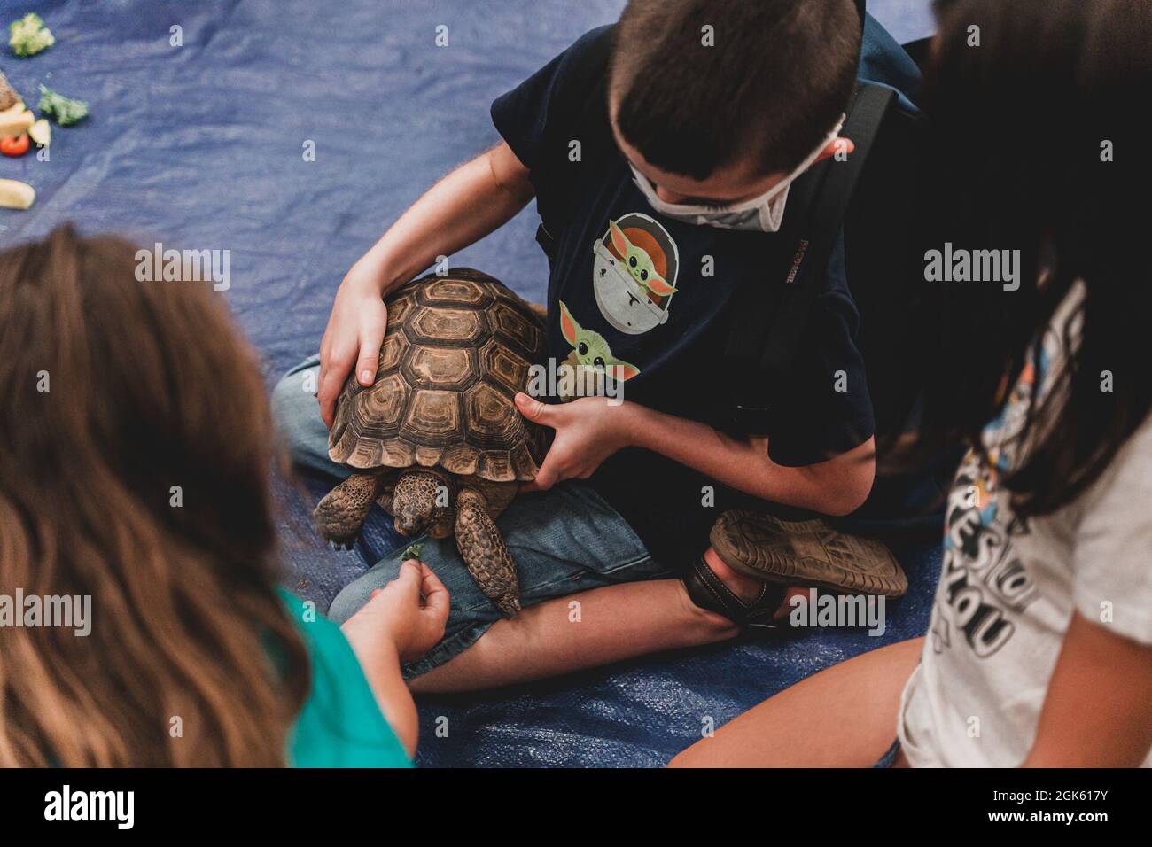 Militärkinder haben die Möglichkeit, Louise, die Botschafterin Desert Tortoise des Combat Centers, im Back to School Bash an Bord des Marine Corps Air Ground Combat Center, Twentynine Palms, Kalifornien, zu halten und zu füttern. 11. August 2021. Die Veranstaltung bot Pädagogen und Studenten die Möglichkeit, sich zu treffen und Studenten mit lokalen Bildungsressourcen zu versorgen Stockfoto