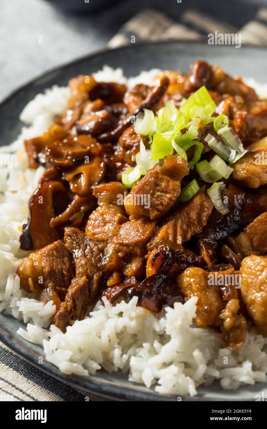 Hausgemachter taiwanesischer Schweinebauch mit Reis und Eiern Stockfoto