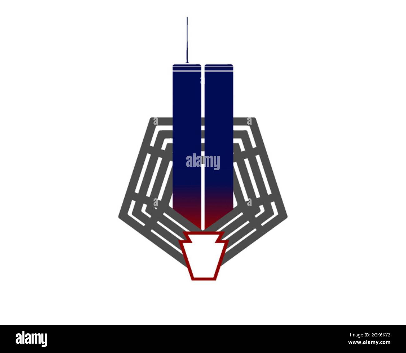 Grafische Darstellung des World Trade Center, Twin Towers, die aus einem Mittelteil mit einem Keystone oben kommen. Die Zwillingstürme von Blau nach Rot symbolisieren die am 11. September 2001 verlorenen Leben. Stockfoto