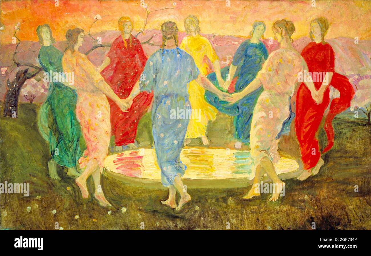 Petrov Vodkin - am Brunnen - Hand in Hand Frauen kreisen um den Brunnen Pool tanzen - 1906 Stockfoto