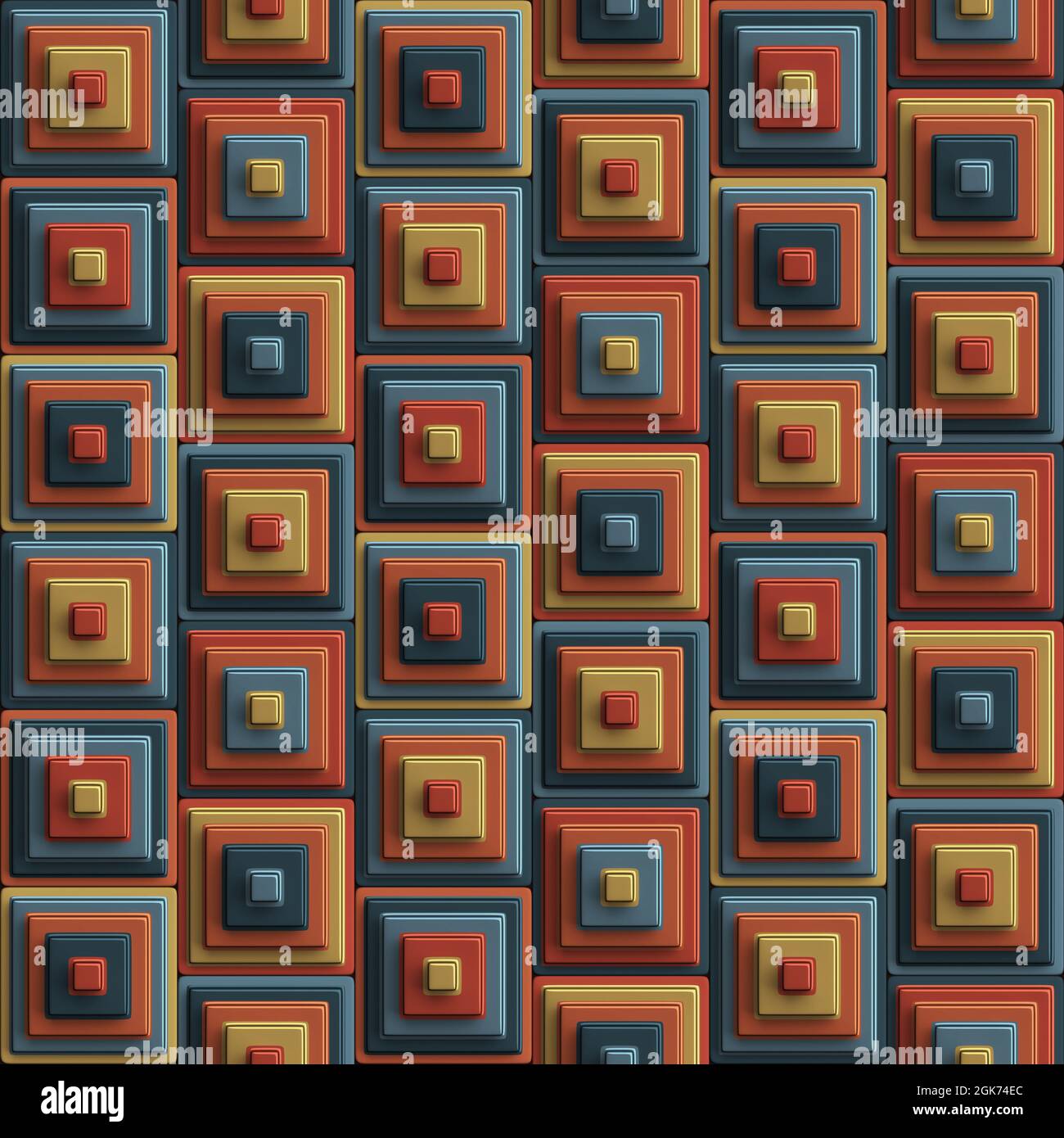 Mehrfarbige geometrische Komposition aus konzentrischen 3D-Würfeln in Orange und Grau. Nahtlos wiederholtes Muster. Stockfoto