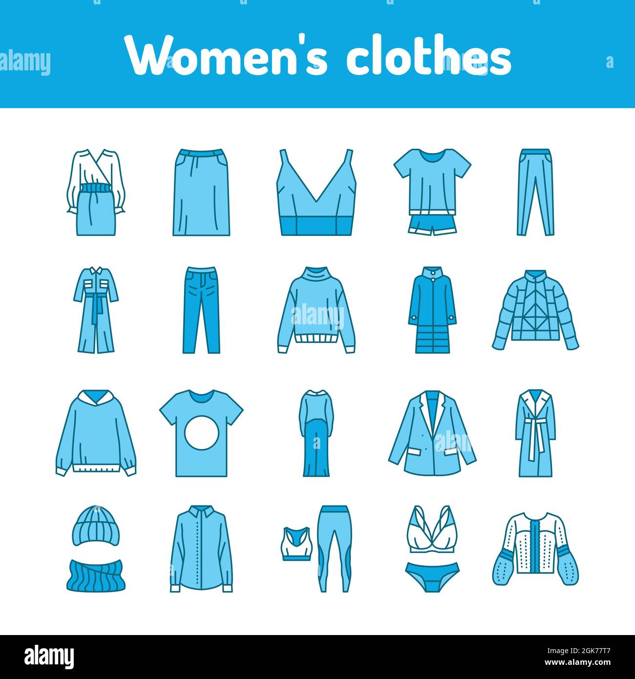 Damen Kleidung Farbe Linie Symbole Set. Piktogramme für Webseite, mobile App, Promo. Stock Vektor