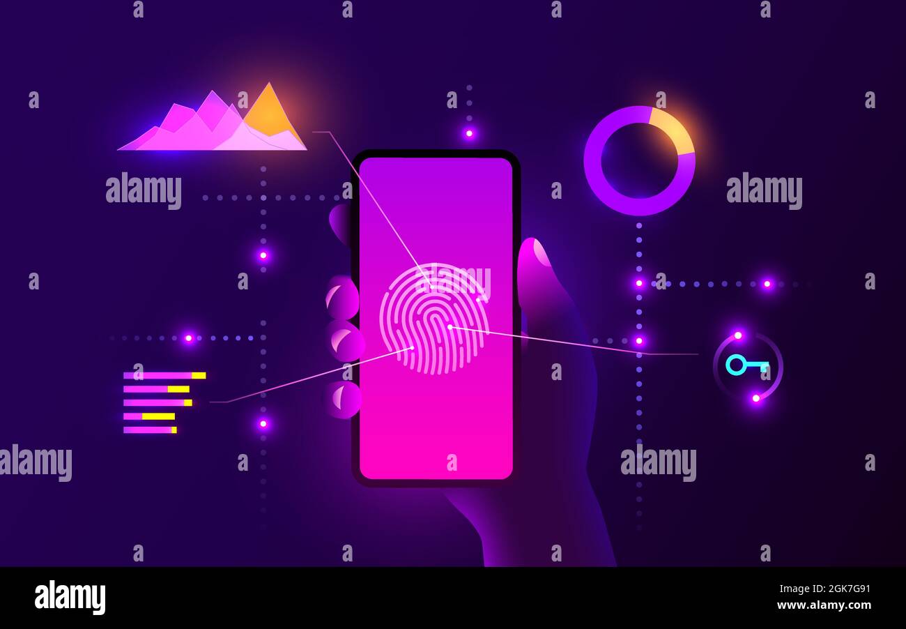 Mobile Datensicherheitskonzept. Handliches Smartphone mit Fingerabdruckscanner. Internetsicherheit. Fingerabdruckzugriff, Fingerabdruck auf dem Smartphone-Bildschirm. Stock Vektor