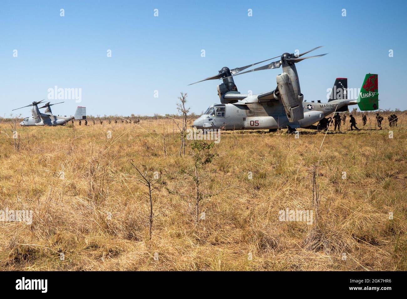 US-Marineinfanteristen mit der Firma A., 1. Bataillon, 7. Marine-Regiment (verstärkt), Marine Rotational Force – Darwin, werden von zwei MV-22B-Ospreys mit Marine Medium Tiltrotor Squadron 363 (verstärkt), MRF-D, aufgenommen, nachdem sie während der Übung Koolendong, Bradshaw Field Training Area, NT, Australien, 26. August 2021 einen Probeluftangriff durchgeführt haben. Übungen wie Koolendong bestätigen die Fähigkeit der MRF-D und der australischen Verteidigungskräfte, Expeditions- und Basisoperationen mit kombinierten innovativen Fähigkeiten durchzuführen und durch ihr gemeinsames Engagement bereit zu sein, auf eine Krise oder eine Notlage im in-Bereich zu reagieren Stockfoto