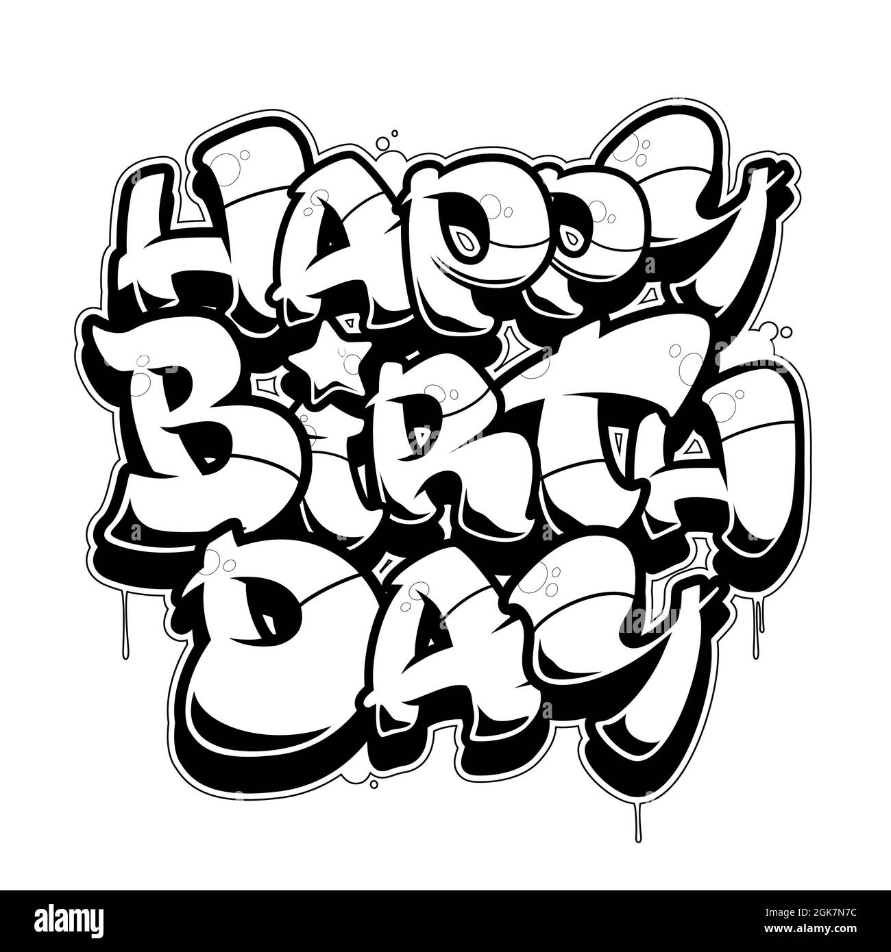 Glückwunschkarte zum Geburtstag. Lesbarer Text im Graffiti-Stil. Schwarze Linie auf weißem Hintergrund isoliert. Stock Vektor