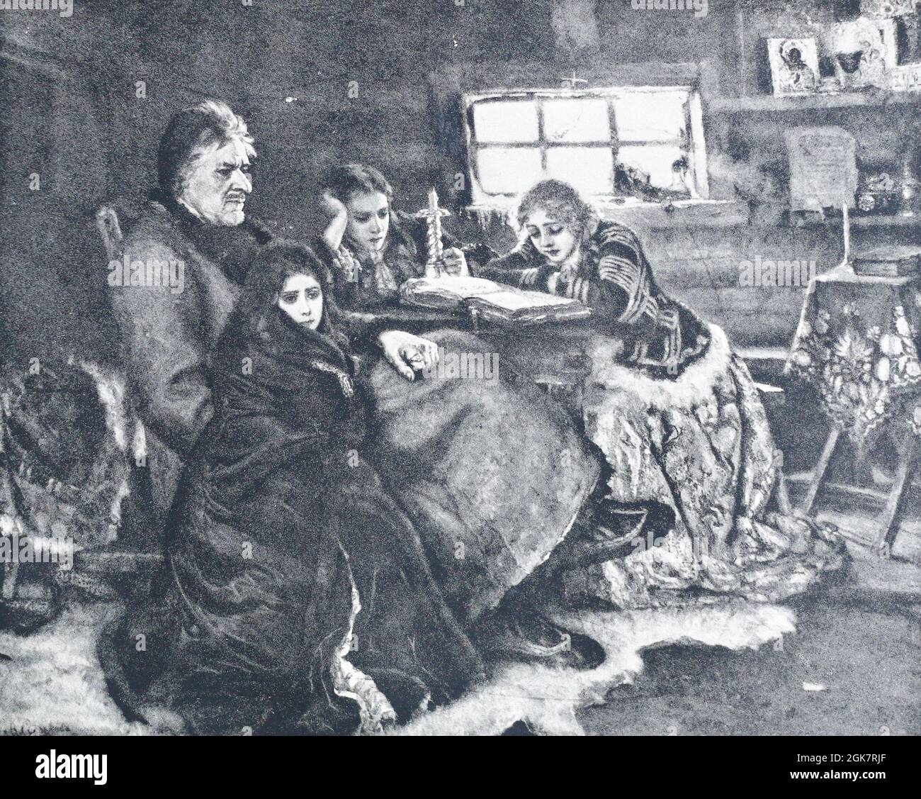 Menschikow in Beresovo. Gravur aus dem Gemälde. „Menschikow in Beresovo“ wurde 1883 von Wassilij Surikow im Stil des Realismus geschaffen. Stockfoto