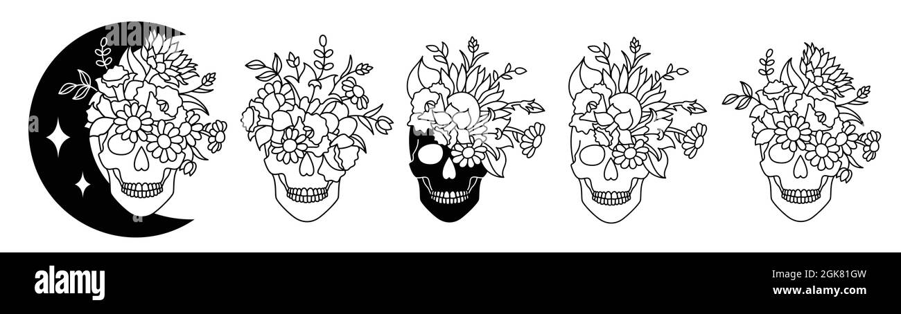 Set von Totenköpfen mit einer Rose im Line-Art-Stil. Stock Vektor