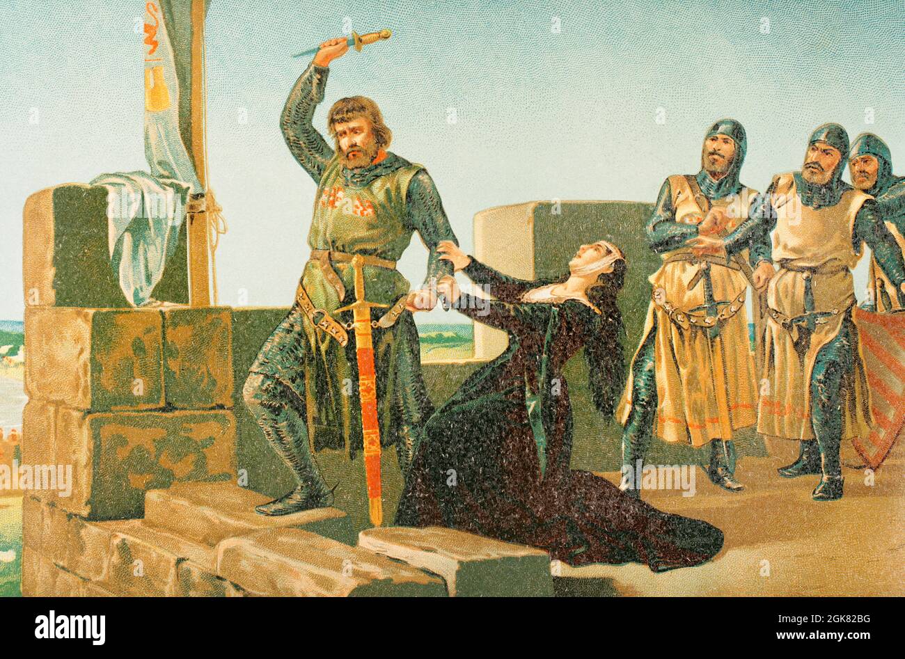 Alonso Pérez de Guzmán, genannt Guzmán el Xeno (Guzman der gute) (1256-1309). Leonesischer Militär und Adliger, Gründer des Hauses Medina Sidonia. Erster herr von Sanlúcar de Barrameda. Guzmán der gute wirft seinen Dolch auf die Muslime während der Belagerung von Tarifa 1296 (Kopie eines Gemäldes von Martínez Cubells). Chromolithographie. Historia General de España (Allgemeine Geschichte Spaniens), von Miguel Morayta. Band II. Madrid, 1889. Stockfoto