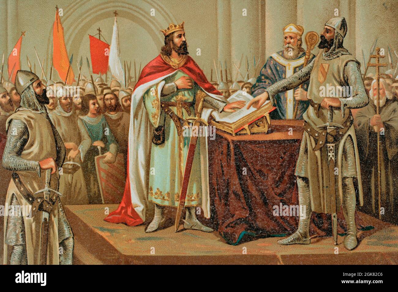 Mittelalterliche Legende vom Eid von Santa Gadea. Der König von León Alfonso VI. Musste 1072 in der Kirche Santa Gadea in Burgos einen öffentlichen Eid ablegen, dass er sich nicht an der Tötung seines Bruders, König Sancho II., beteiligt hatte Chromolithographie. Historia General de España (Allgemeine Geschichte Spaniens), von Miguel de Morayta. Band II. Madrid, 1889. Stockfoto