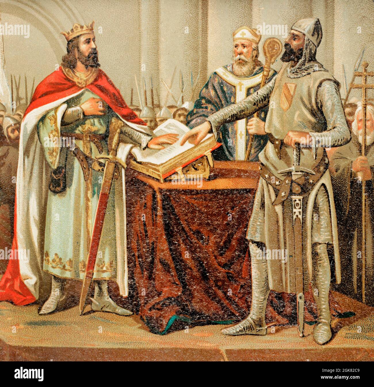 Mittelalterliche Legende vom Eid von Santa Gadea. Der König von León Alfonso VI. Musste 1072 in der Kirche Santa Gadea in Burgos einen öffentlichen Eid ablegen, dass er sich nicht an der Tötung seines Bruders, König Sancho II., beteiligt hatte Chromolithographie. Details. Historia General de España (Allgemeine Geschichte Spaniens), von Miguel de Morayta. Band II. Madrid, 1889. Stockfoto