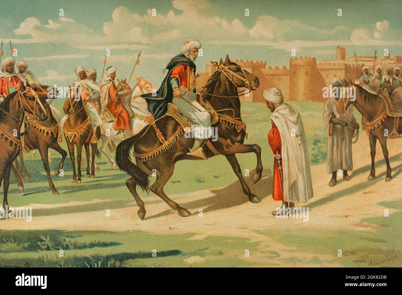 8. Jahrhundert. Eroberung Visigoths Hispania durch die Muslime. Musa Ibn Nusair (geboren um 640-d.716) peitscht Tarik ben Yihab ins Gesicht, weil er seinen Befehlen in Talabaira (Madinat al-Talabayra, Talavera de la Reina derzeit) nicht gehorcht hat. Illustration von J. Alaminos. Chromolithographie. Historia General de España (Allgemeine Geschichte Spaniens), von Miguel Morayta. Band I. Madrid, 1888. Stockfoto