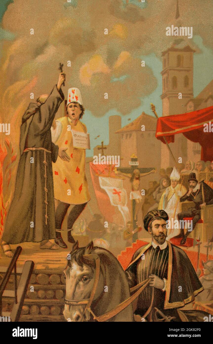 Auto-de-fe. Chromolithographie. Historia General de España, von Miguel Morayta. Band III Madrid, 1890. Stockfoto