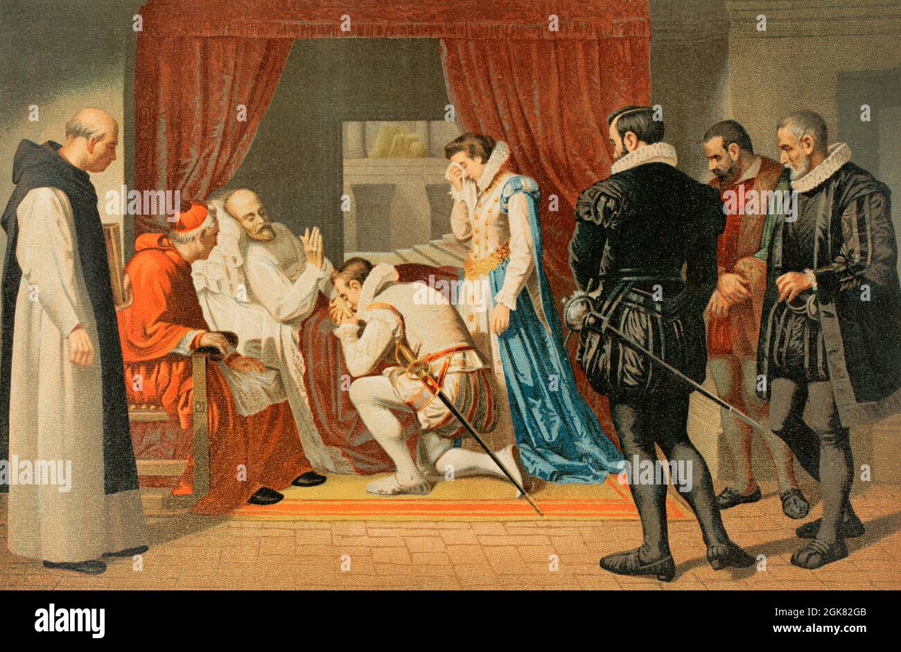 Philipp II. (1527-1598). König von Spanien von 1556 bis 1598. Letzte Momente von Philip II. Gestorben am 13. September 1598 im Kloster El Escorial. Chromolithographie. Historia General de España (Allgemeine Geschichte Spaniens), von Miguel Morayta. Volumen IV Madrid, 1890. Stockfoto