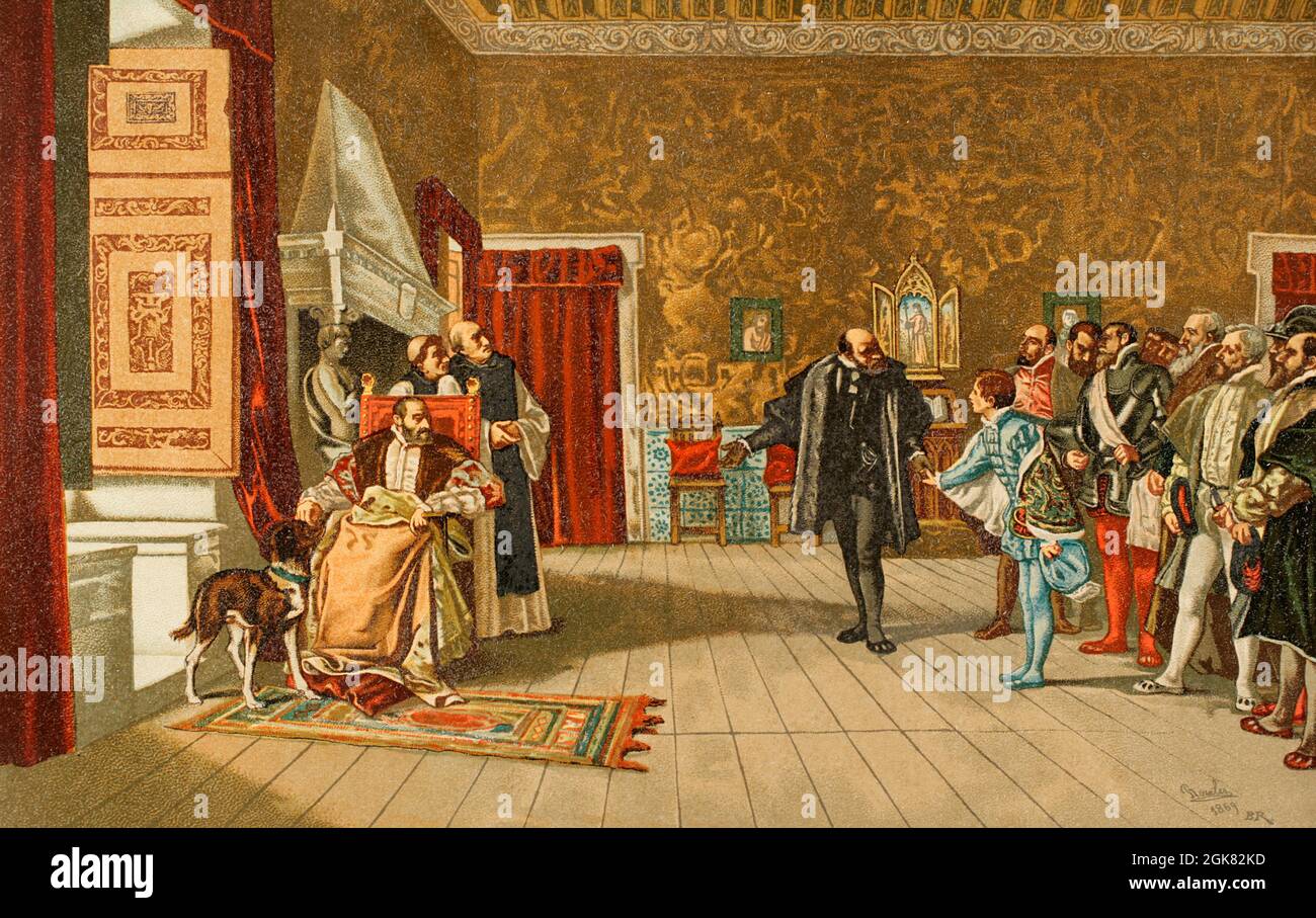 Johannes von Österreich (1547-1578). Spanisches Militär. Illegitimer Sohn des Heiligen Römischen Kaiser Karl V. Präsentation des Johannes von Österreich an Kaiser Karl V. in Yuste. Chromolithographie nach einem Gemälde von Eduardo Rosales. Historia General de España (Allgemeine Geschichte Spaniens), von Miguel Morayta. Band IV, 1890. Stockfoto