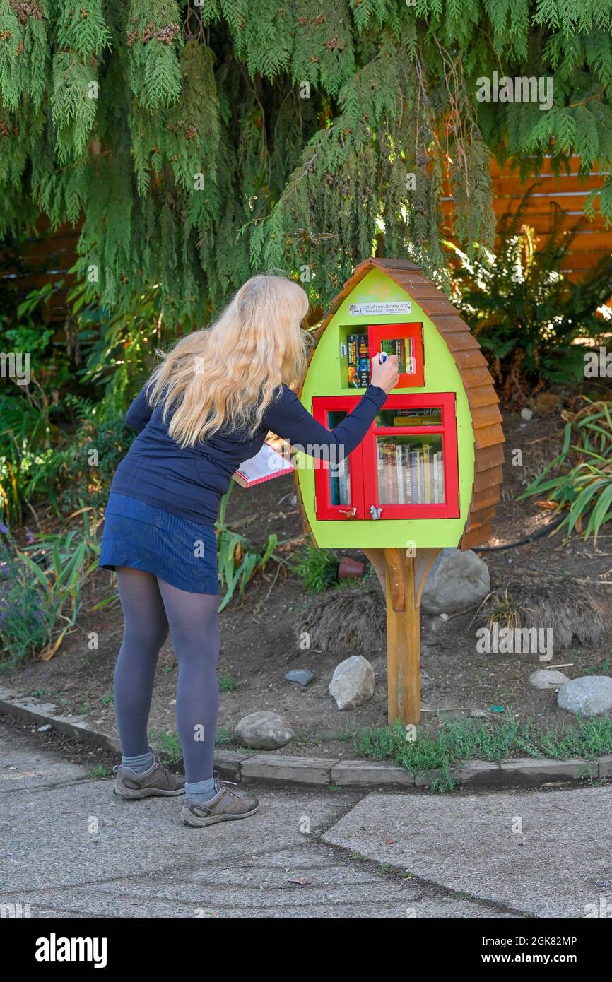 Frau, die die kleine Bücherbox der Freien Bibliothek benutzt, Vancouver, British Columbia, Kanada Stockfoto