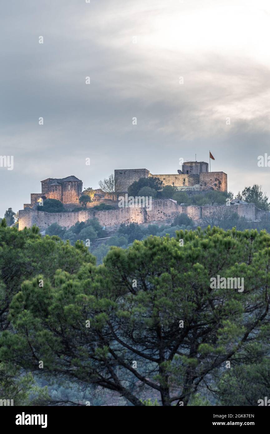 Altes Steinschloss mit der Flagge kataloniens auf einem Berg in der Dämmerung beleuchtet mit künstlichem Licht und Himmel mit grauen Wolken. Außer Fokus Pine tre Stockfoto