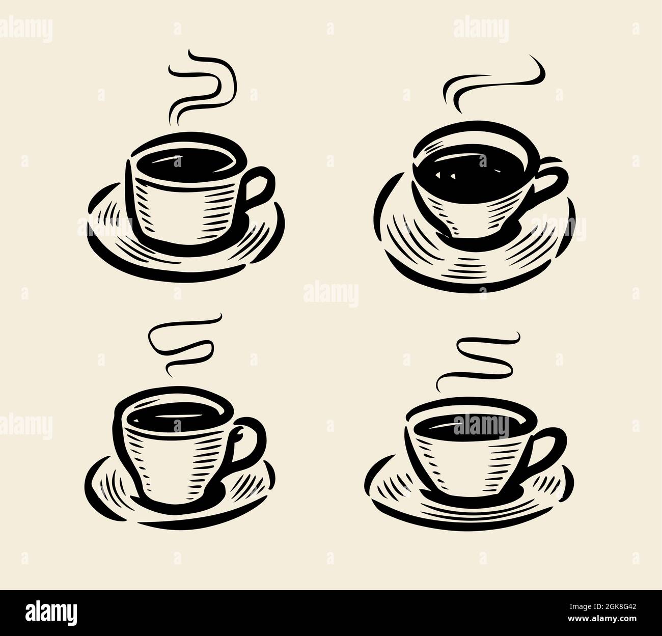 Set mit abstraktem Logo für Kaffeetassen. Handgezeichnete Skizze von Becher mit Dampf. Vektorgrafik Stock Vektor
