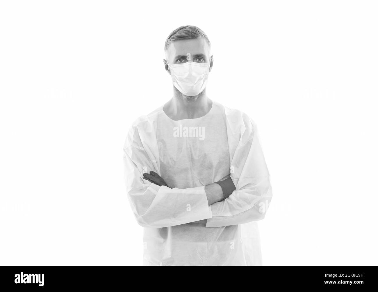 Bereit zur Arbeit. Mann mit Atemschutzmaske medizinische Maske. Arzt in Sicherheitskostüm. Hygiene auf Coronavirus-Pandemie. Wissenschaftler erstellen Virus-Impfstoff. Epidemie Stockfoto