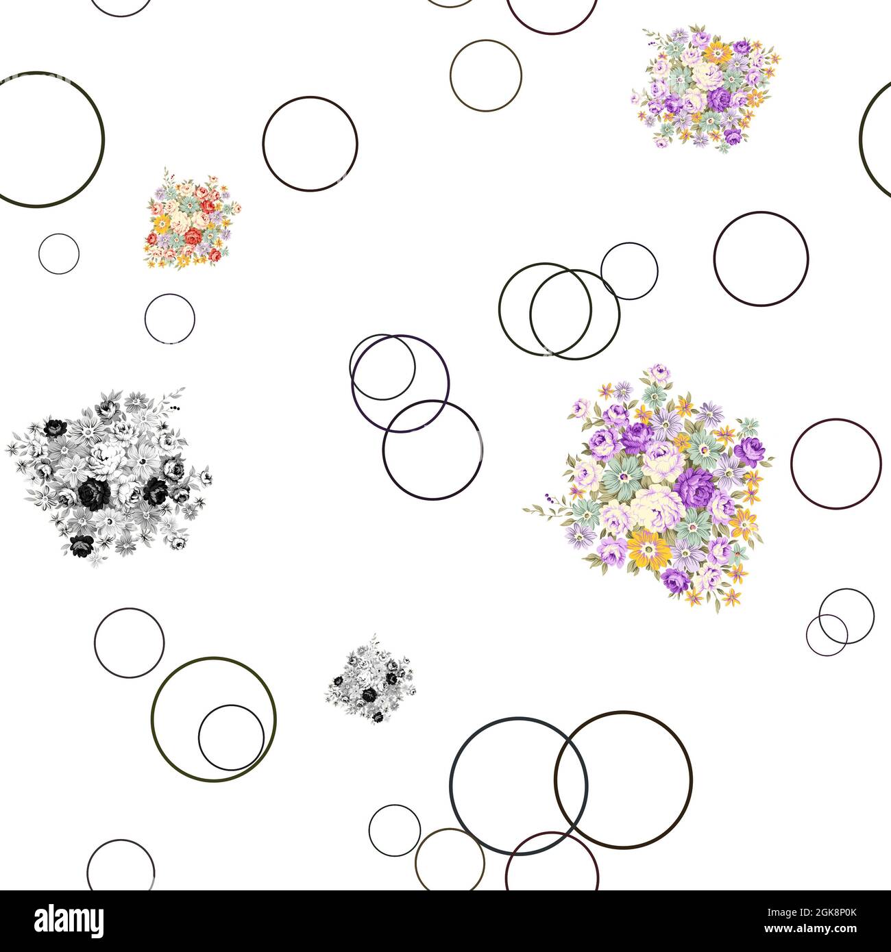 Frühlingsblumen-Muster mit geometrischen Objekten für Schal oder Stoff Stockfoto
