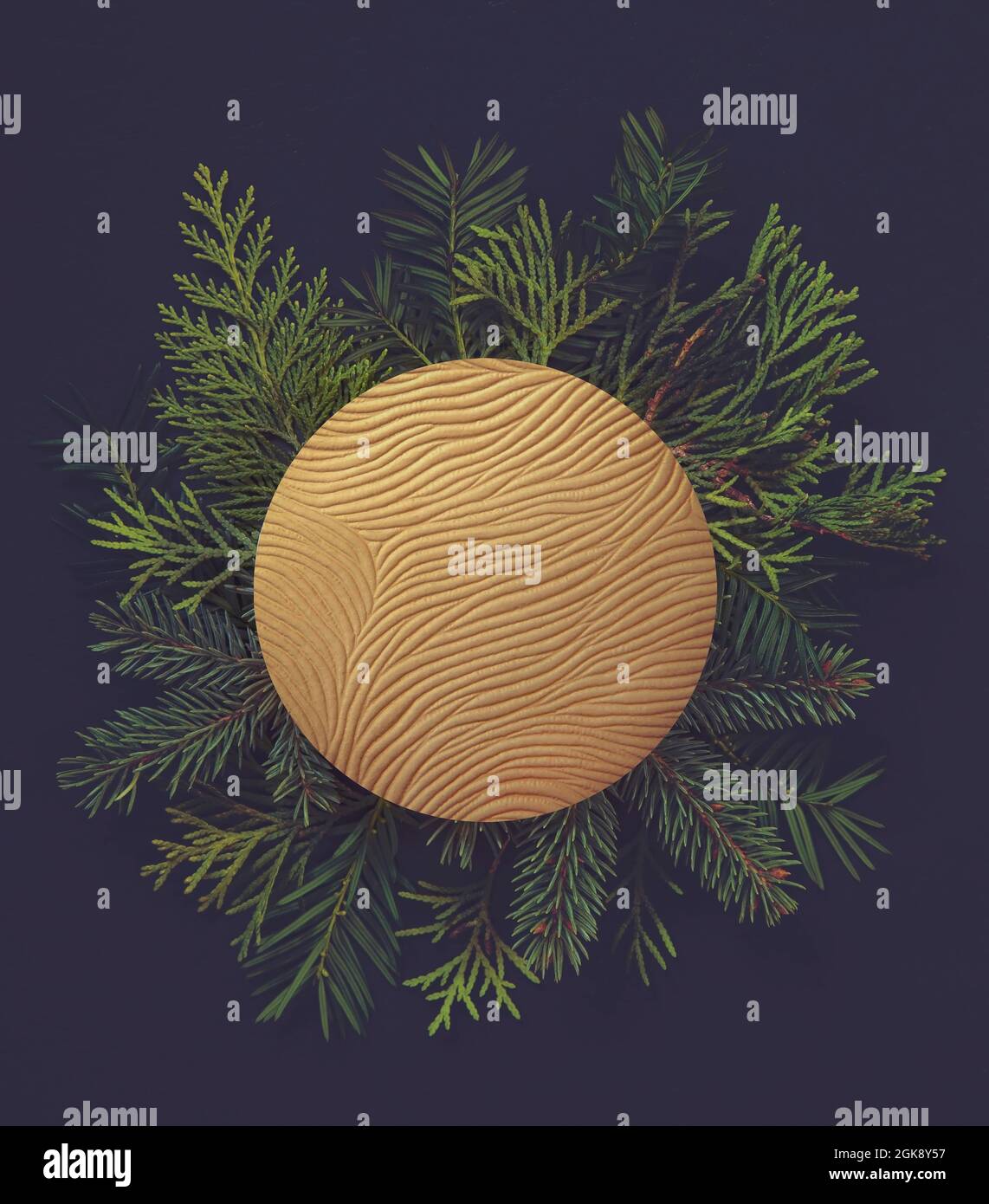 Leere Notiz mit Kiefer- und Tannenzweigen - Urlaubskonzept Stockfoto