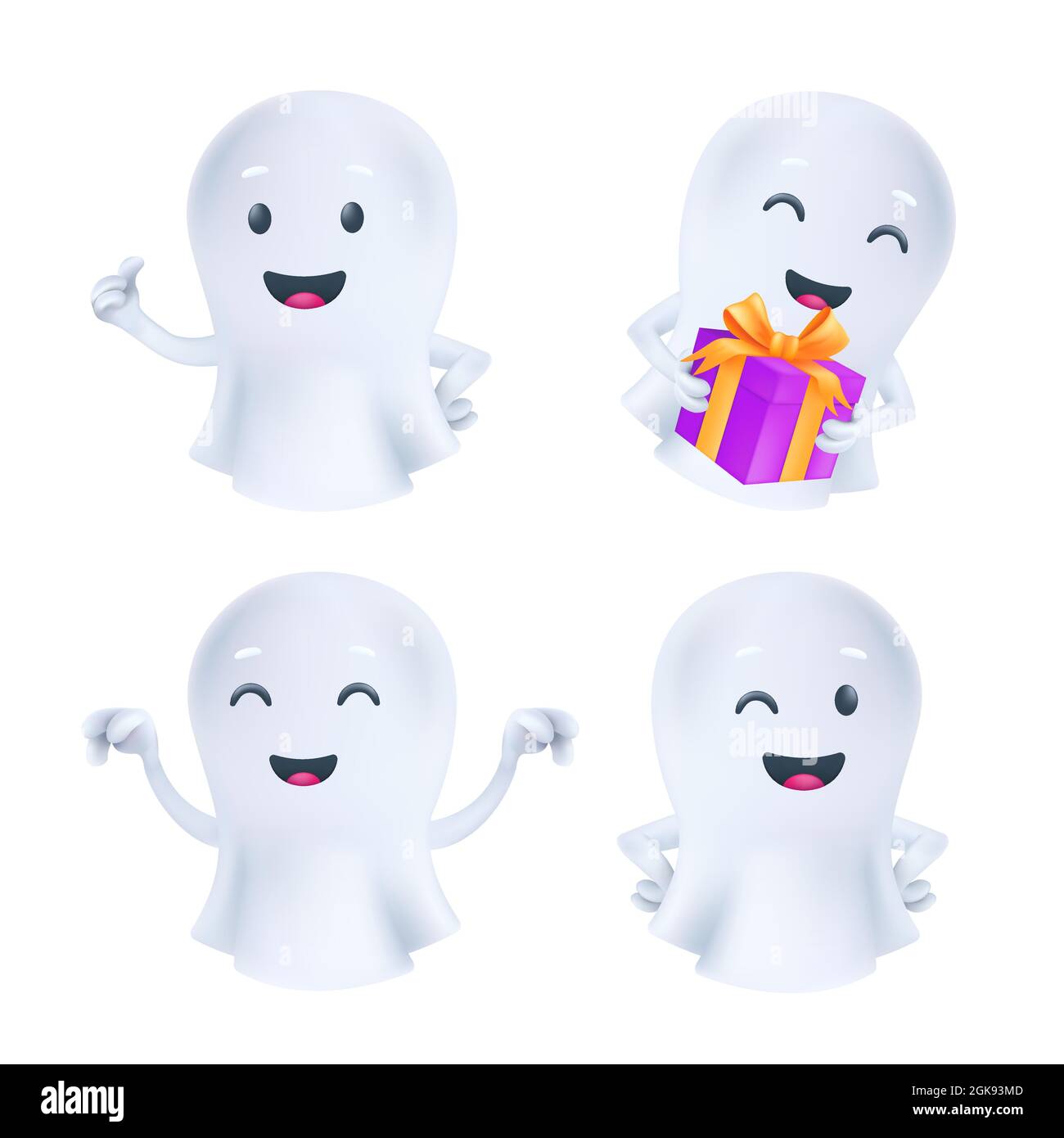 Lustiger Halloween Geist in verschiedenen Posen und Gesichtsemotionen. Freundliche Phantomsymbole. 3D-Zeichen Vektor-Set von einer niedlichen weißen Seele in einem weißen Textil c Stock Vektor