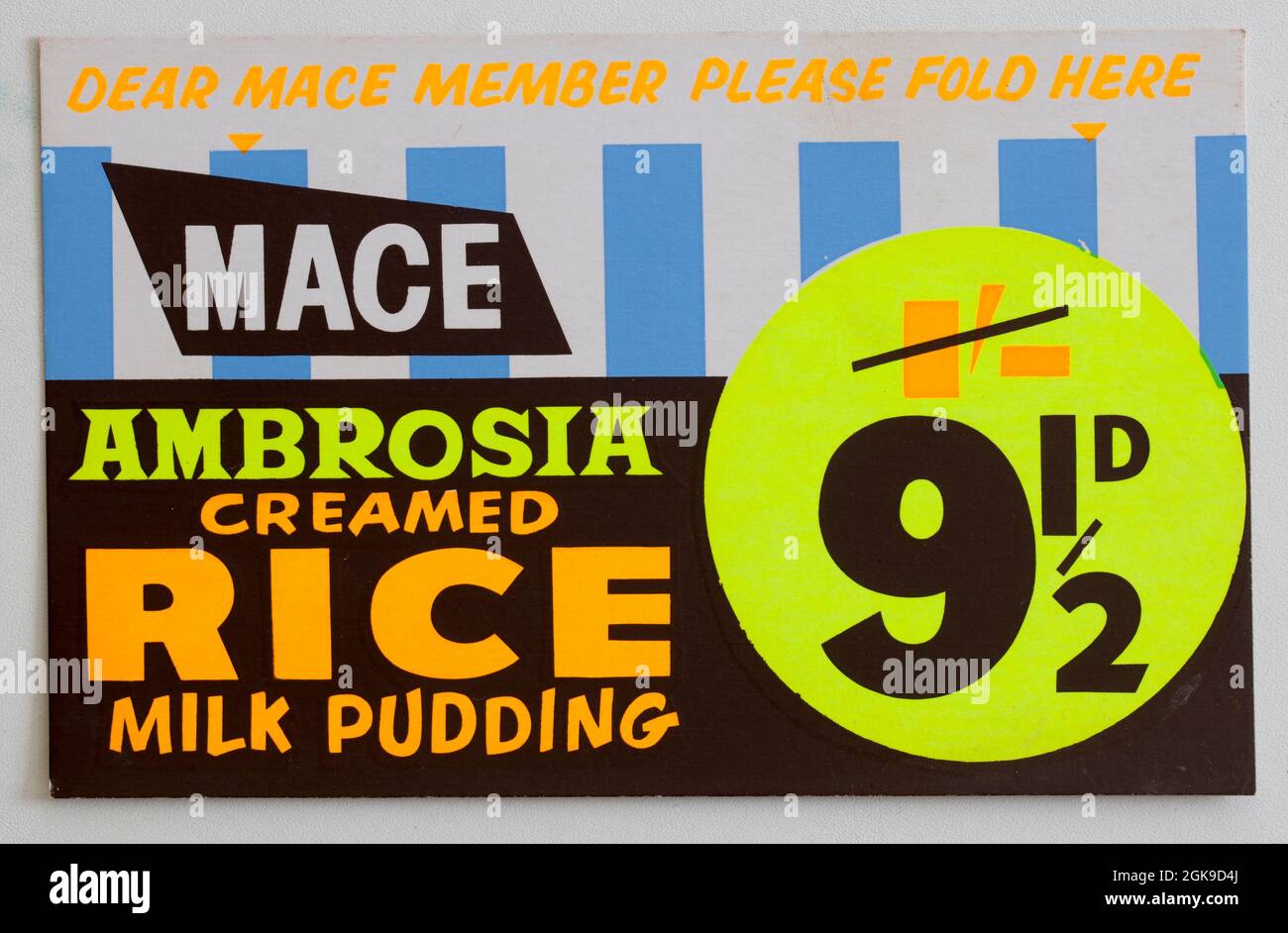 Preiskarte des Vintage 60s Mace Shop - Ambrosia Raamed Ris Pudding Stockfoto