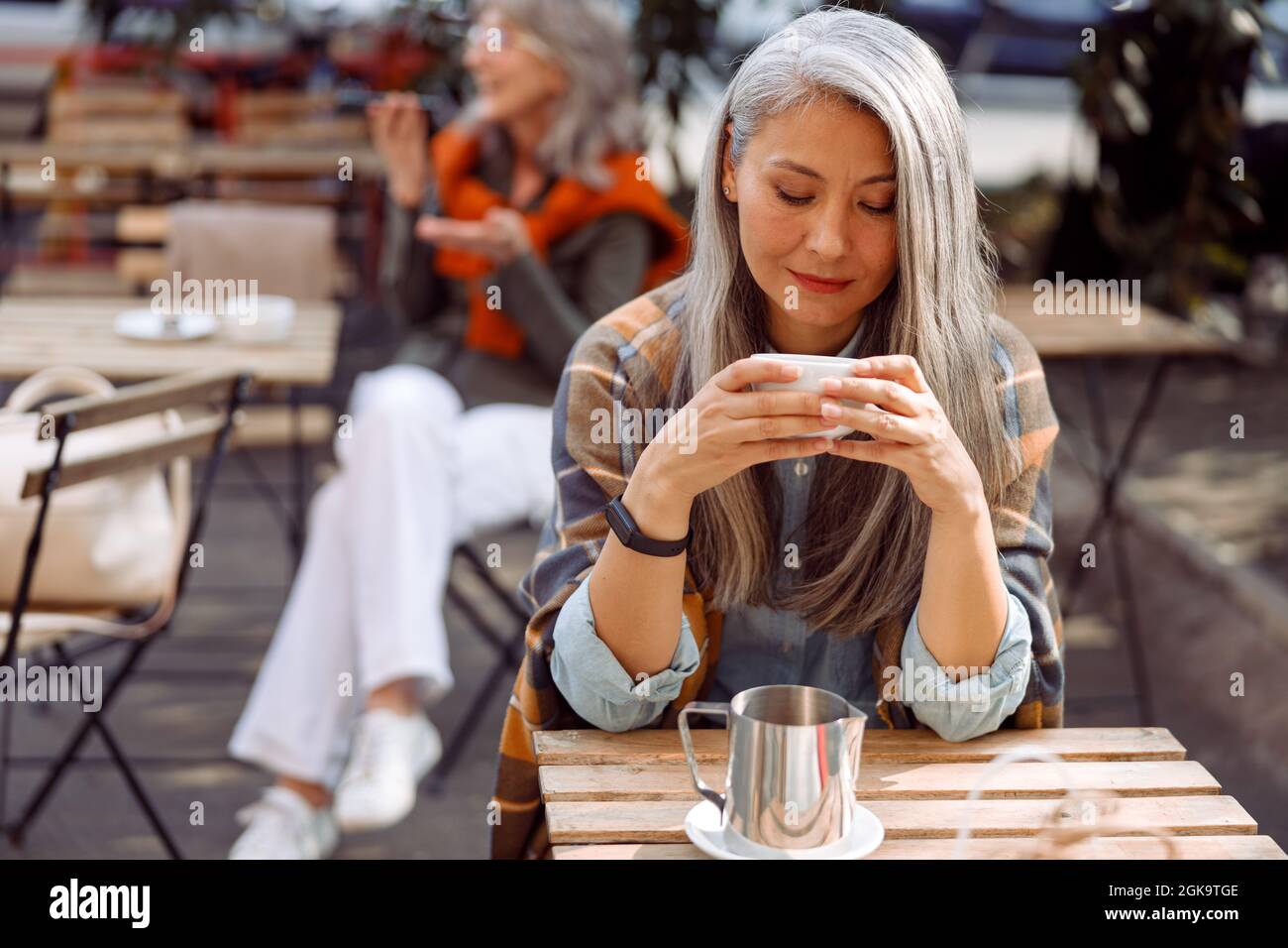 Ältere Cafe-Gäste, konzentrieren sich auf eine hübsche silberhaarige Dame, die eine Tasse Getränk hält Stockfoto