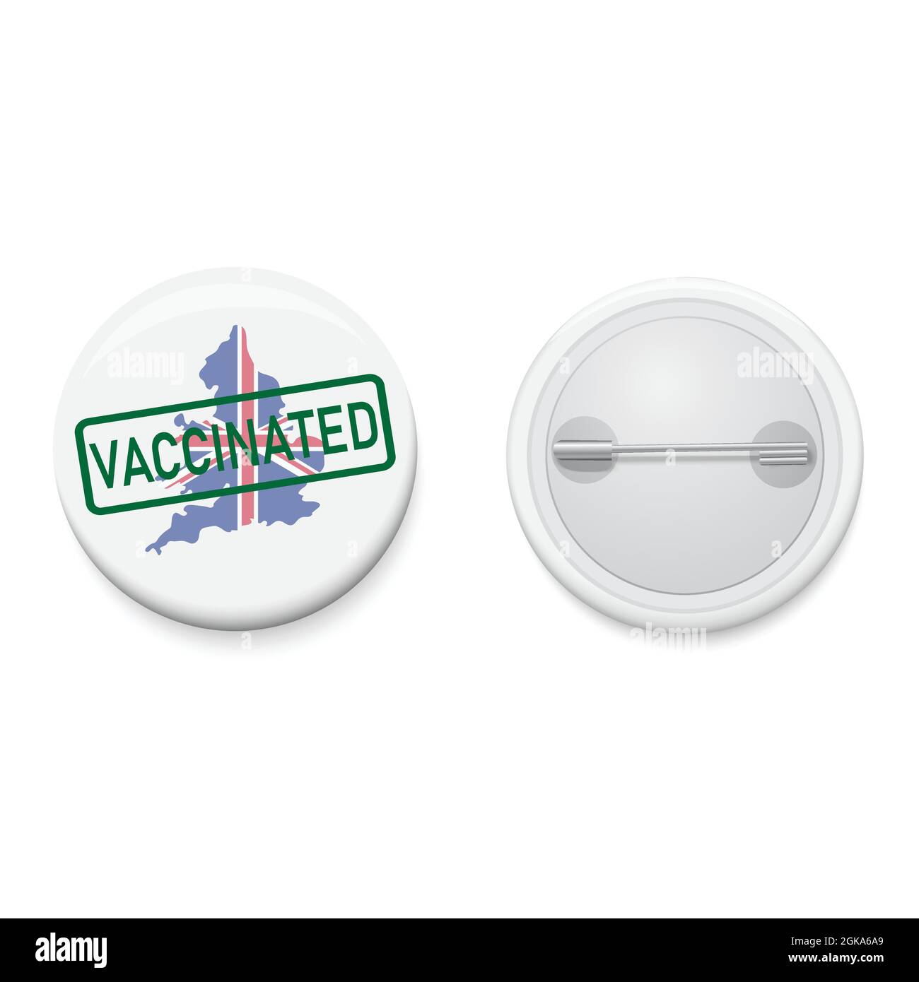 Karte mit weißem Knopfabzeichen für die Impfkampagne COVID-19 in England mit VACINATED-Stempel. Realistische Stifttaste. Vektor- und Illustrationsdesign. Stock Vektor
