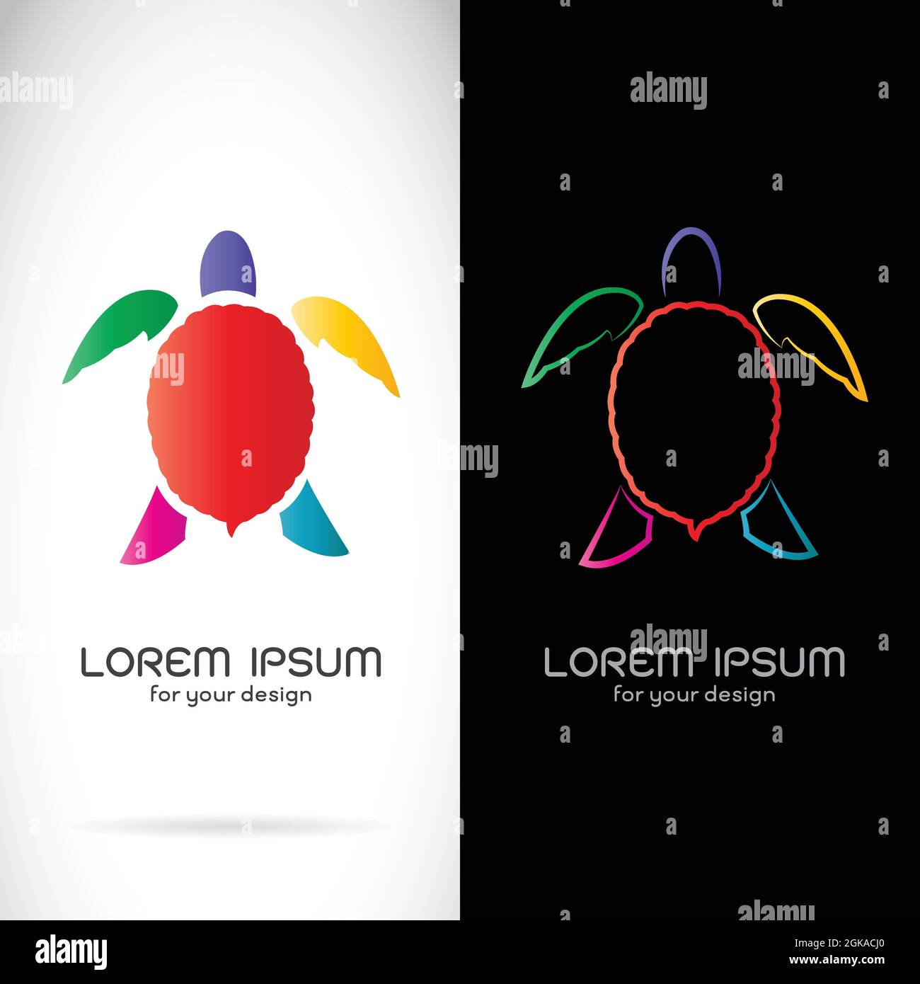 Vektor-Bild von Schildkröte-Design auf schwarzem Hintergrund und weißem Hintergrund, Logo, Symbol. Leicht editierbare Vektorgrafik mit Ebenen. Wilde Tiere. Stock Vektor