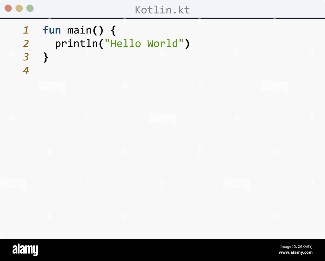 Kotlin Sprache Hello World Programmbeispiel in Editor-Fenster Illustration Stock Vektor