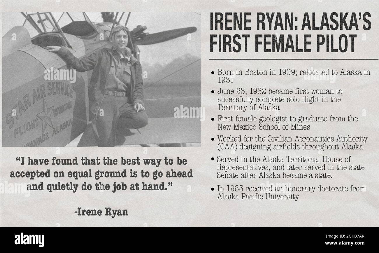 Irene Ryan wurde 1909 in Boston geboren und zog am 23. Juni 1932 nach Alaska. Als sie als erste Frau erfolgreich einen Soloflug im Gebiet von Alaska absolvierte, half sie dabei, Geschlechterbarrieren zu überwinden. Während ihrer Zeit in The Last Frontier arbeitete sie für die Civilian Aeronautics Authority (CAA), die Flugplätze entwarf. Sie diente im Repräsentantenhaus von Alaska und später im Senat des Bundesstaates, nachdem Alaska ein Staat wurde. Stockfoto